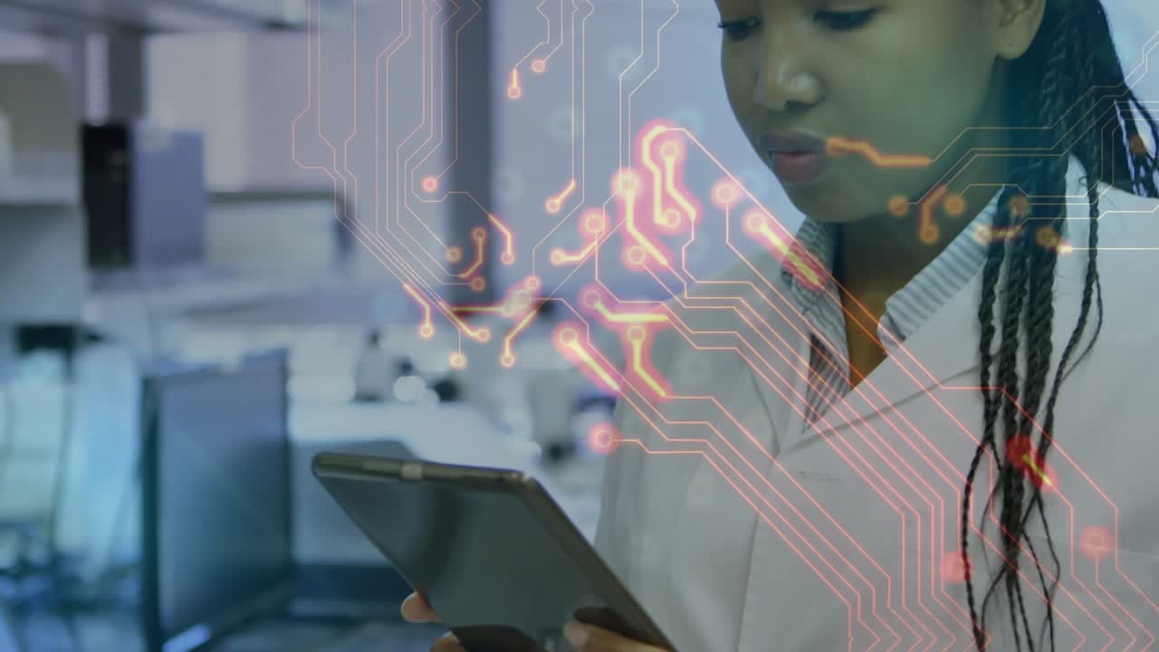 Female researcher tapping tablet and analyzing data in lab, circuit overlay linking tablet and her