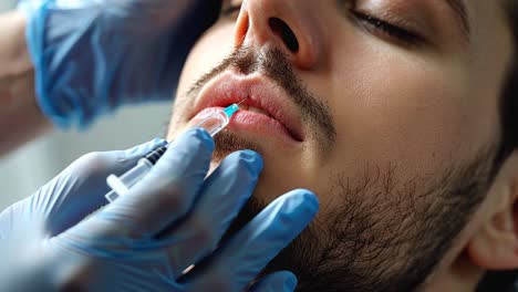 close-up of a male patient receiving lip injections