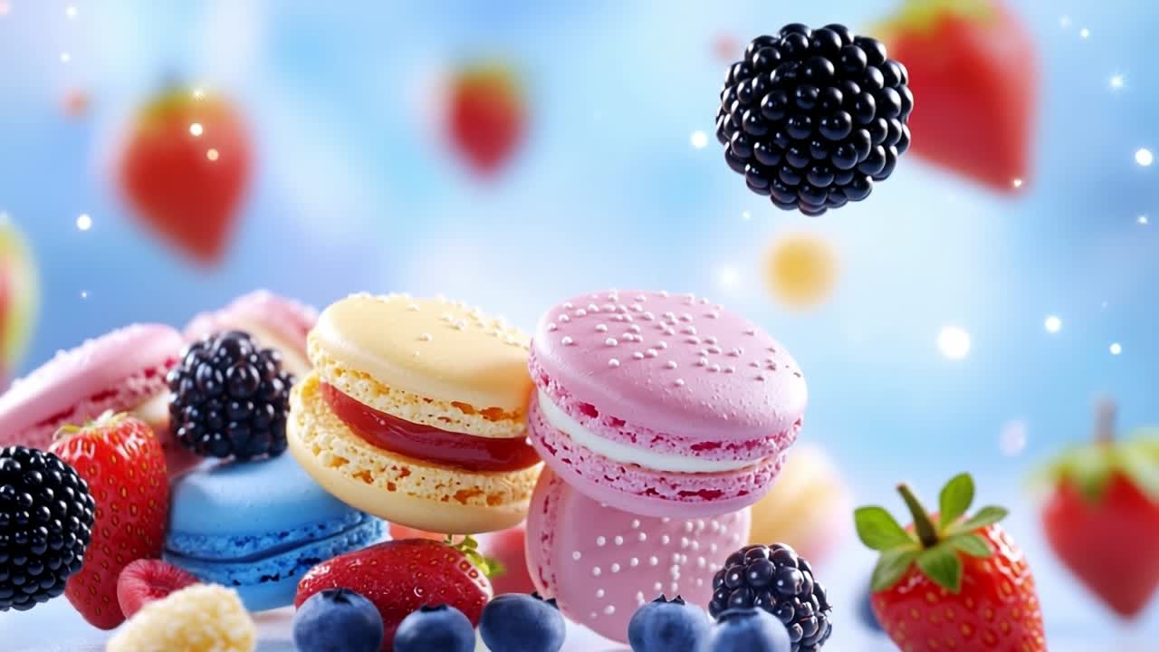 Berries and colorful macarons. Colorful macarons surrounded by fresh strawberries, blackberries, and blueberries on a blurred background.