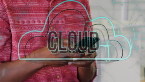animación de banner de texto en la nube e icono y senderos de luz sobre la sección media de un hombre usando un teléfono inteligente.
