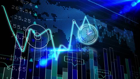 Animación-Del-Procesamiento-De-Datos-Financieros-Y-Reloj-Sobre-El-Mapa-Mundial