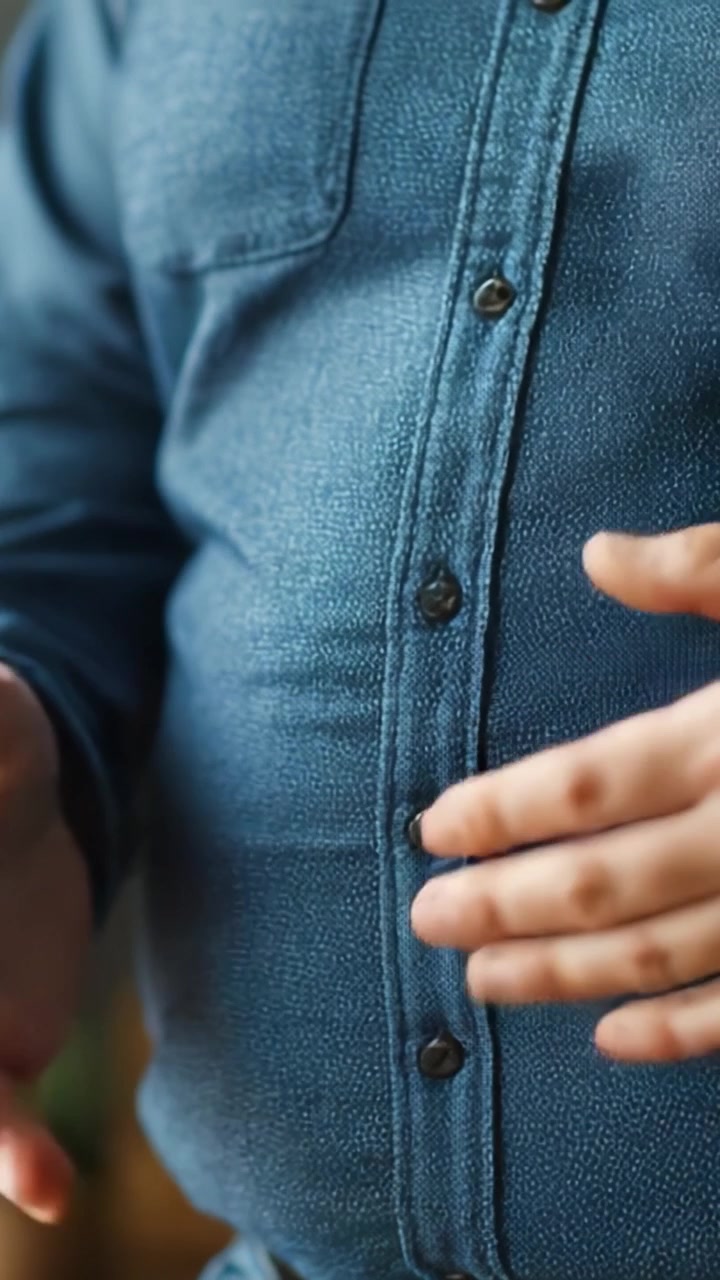 Close-Up Gestur Tangan dalam Kemeja Denim Kasual: Mengekspresikan Emosi dan Pikiran Selama Komunikasi