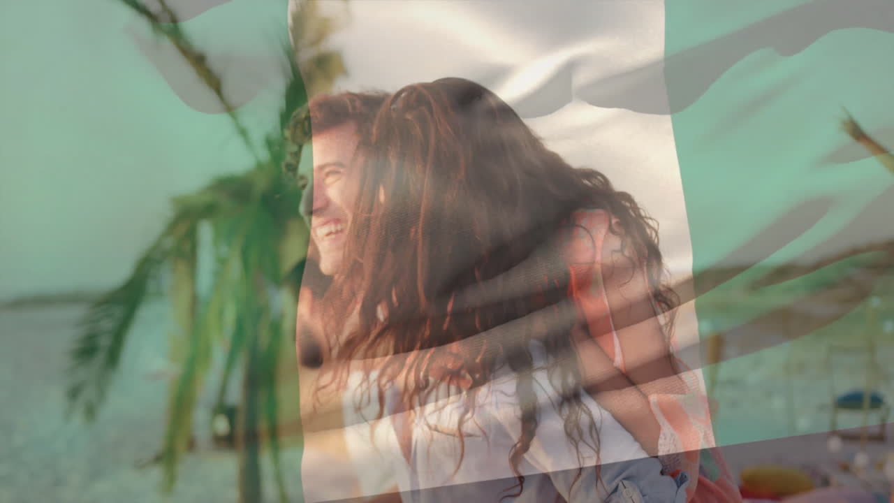 Couple having playful moment with animation over tropical beach with palm trees