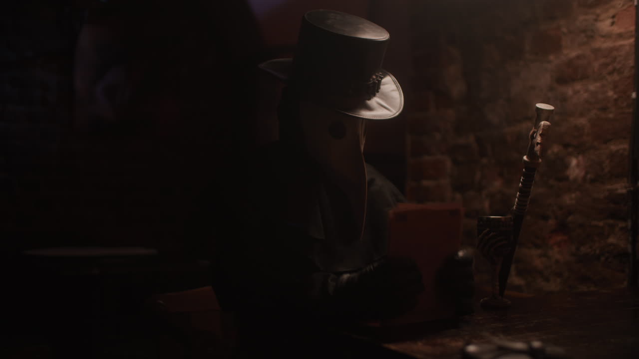 Plague Doctor in a Dark Restaurant