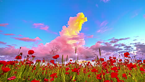 Prado-Brillante-De-Amapolas-Y-Skyscape-Mágico,-Lapso-De-Tiempo-De-Fusión