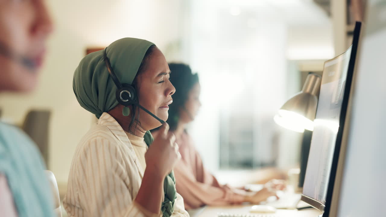 Tired, yawn and call center woman in office