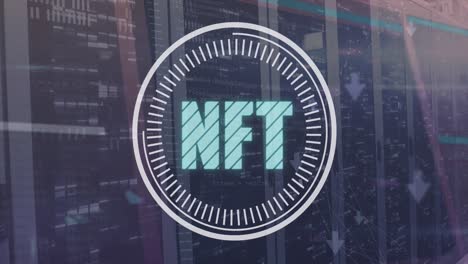 Animation-of-financial-data-processing-with-nft-text-over-computer-servers