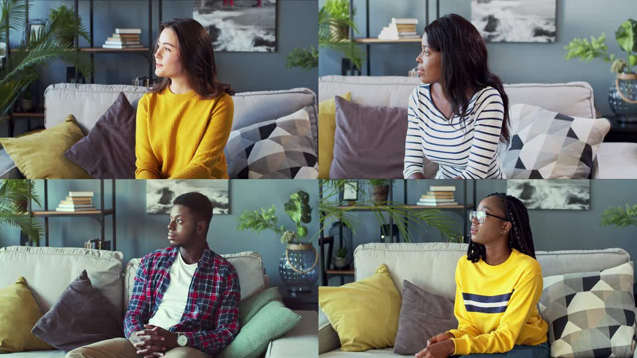 거실 소파에 앉아 카메라를 바라보는 다양한 사람들의 콜라주