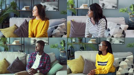 collage de diferentes personas descansando en el sofá en la sala de estar y mirando a la cámara