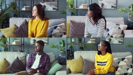 collage of different  people resting on sofa in living room and looking at camera