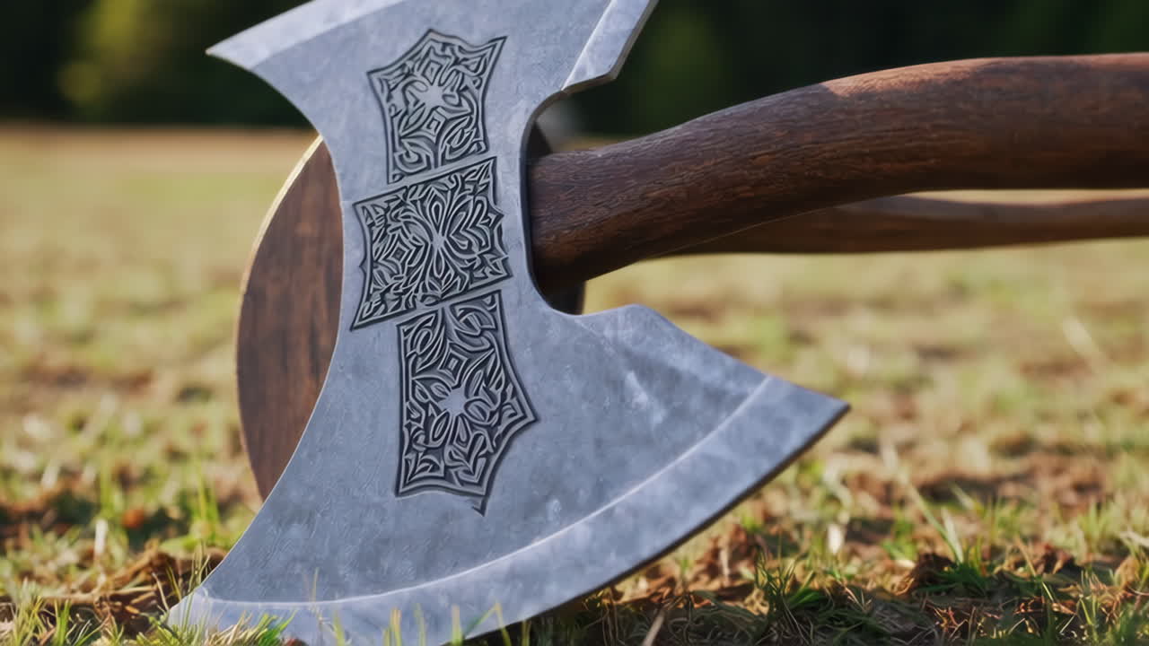Ornate Medieval Axe in a Field