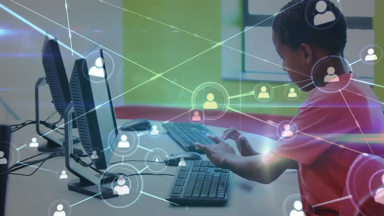 animación de niños en un aula sobre una red de puntos conectados en el fondo