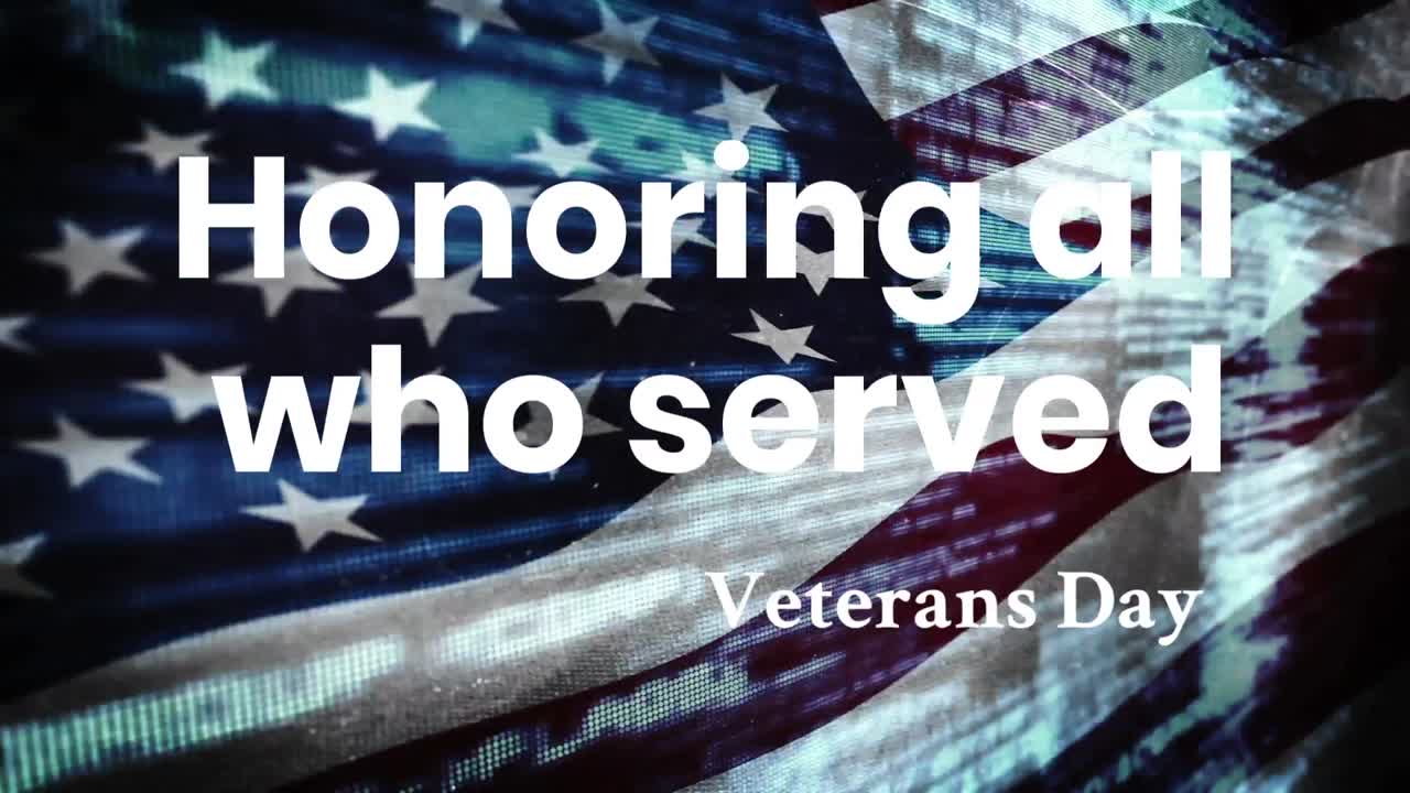 Animation of veteran's day text over data processing and american flag