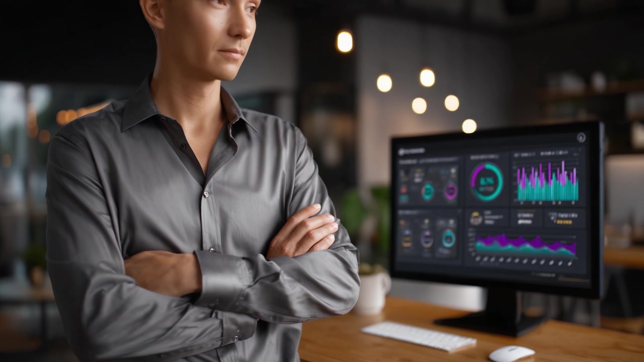Confident professional presenting analytics data on a modern digital monitor, showcasing insights with graphs and statistics in a stylish workspace environment.