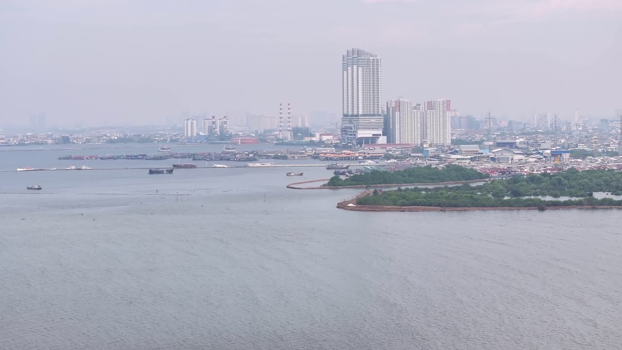 Coastline Landscape Of Kamal Muara In North Jakarta City In Indonesia. Aerial Shot