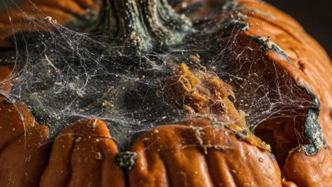 close-up of a decaying pumpkin with intricate spider webs highlighting the passage of time and the beauty of nature's cycle