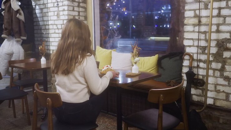 Young girl in beige shirt and black jeans, holding coffee cup and croissant in cafe, sitting close to window. Cozy cafe ambiance with soft lighting and blurred cityscape in background