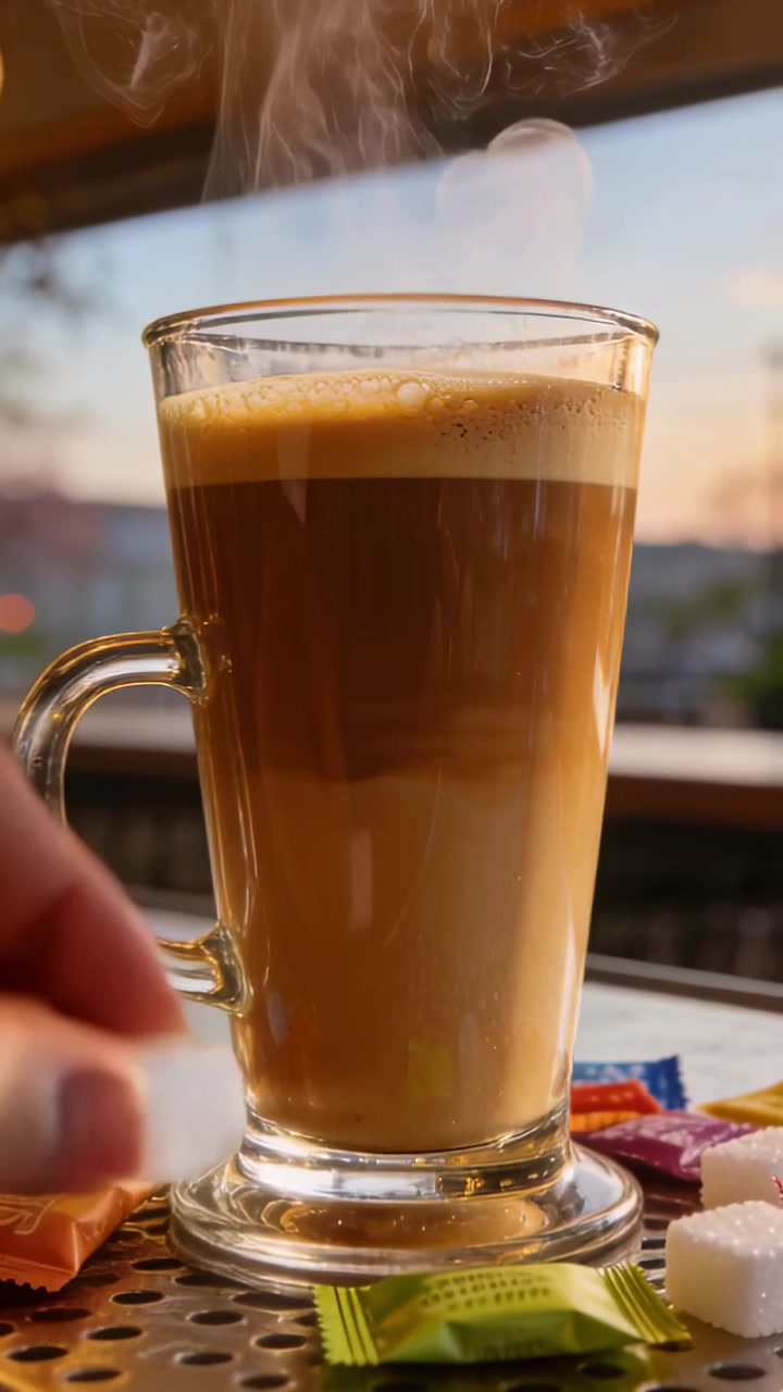 Video verticale: Una mano che entra e posiziona una zolletta di zucchero sopra un latte macchiato su un tavolo da caffè vicino a una finestra, con vapore che sale.