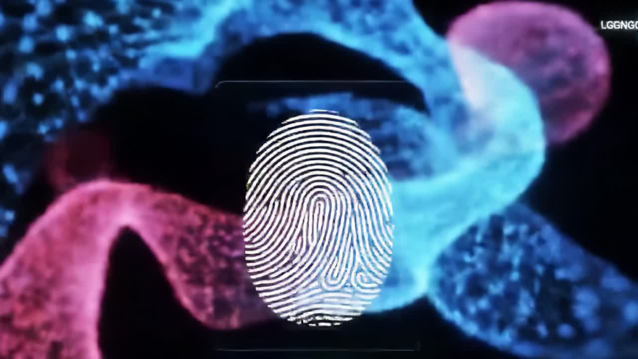 A futuristic display showcases biometric identification with a digital fingerprint overlay. This innovative technology highlights advancements in security and personal verification methods.