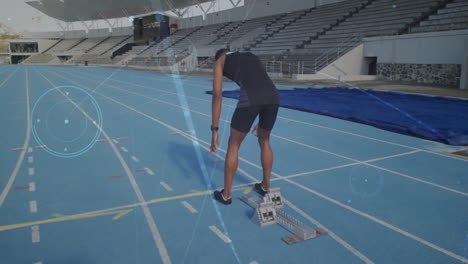 athlete preparing to sprint on track with data processing animation