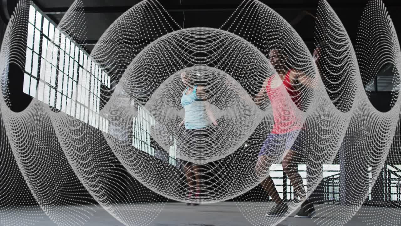Woman standing centered, man stepping inward as dotted mesh expanding into bubble, technology demo