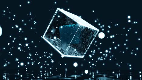 small cube rotates inside transparent ice cube and flying white particles and mirrored floor