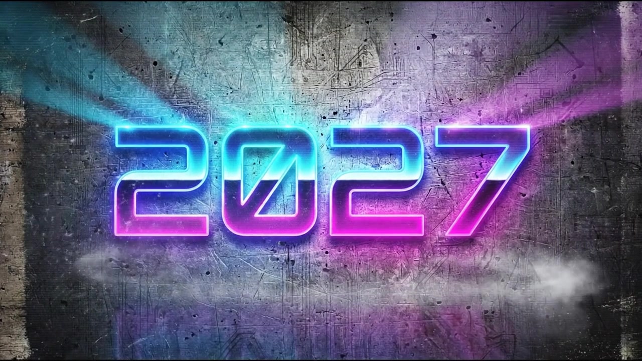 Decorative 2027 number motion graphic with purple cyan neon typography