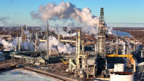 production process with smoking chimneys in detroit refinery, aerial drone view