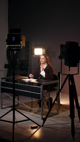 Backstage of blog footage in modern studio. Brunette lady sitting at desk talks and gestures recording a blog. Vertical video.