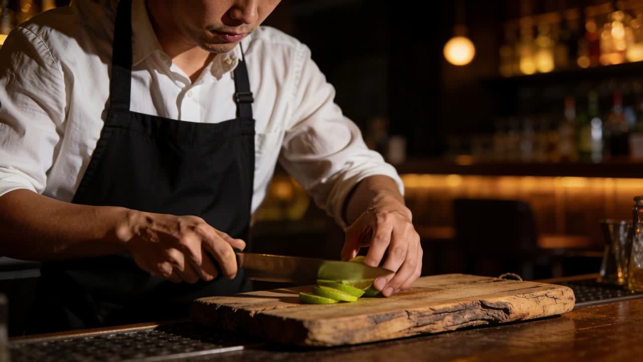 Posizionando il lime, un barman in camicia bianca e grembiule nero affetta fette rotonde su un tagliere di legno per guarnire.