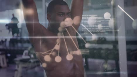 animation of dna strand spinning and data processing over strong man exercising