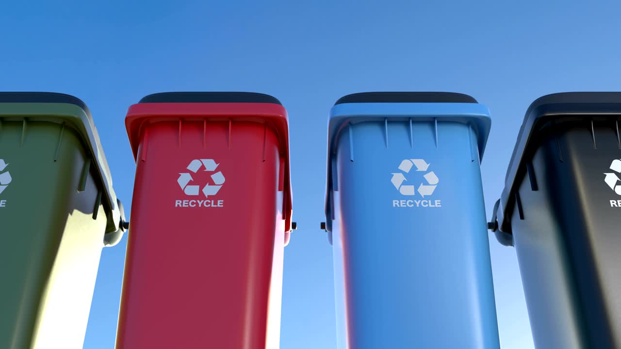 Colorful plastic trash cans with recycling logo. Loop animation on the background of clear blue sky. Symbol for recycling, sorting waste and preserving the environment
