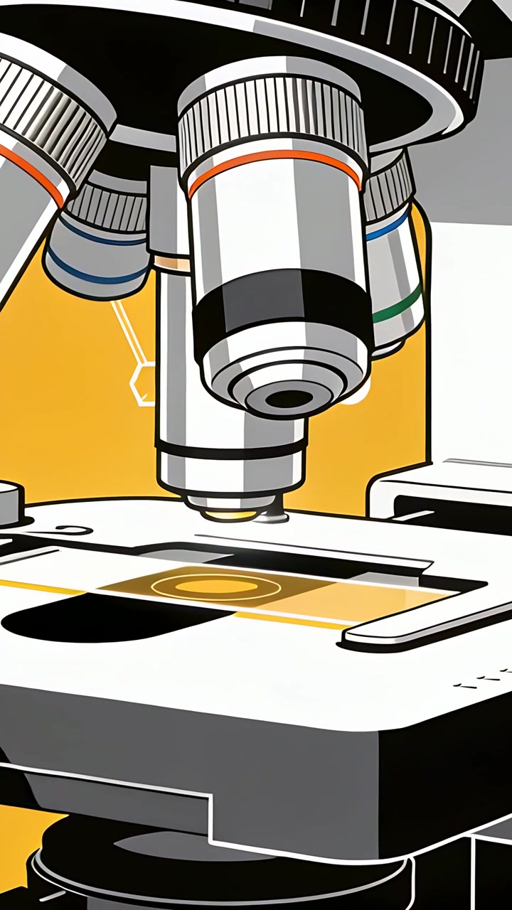 Vertical video: Camera zooming, objective rotating and lowering toward lit slide in lab to focus