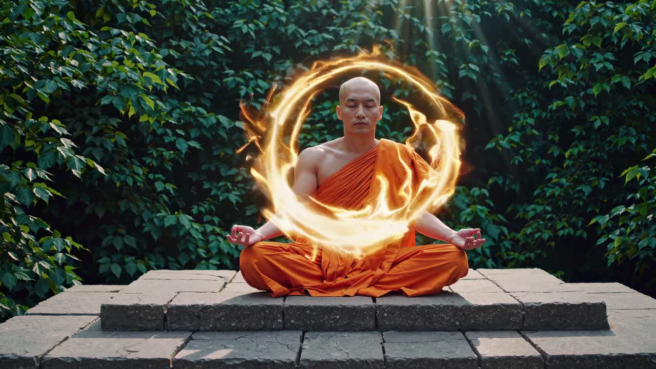 A serene monk in orange robes meditates on stone steps, surrounded by a fiery circle