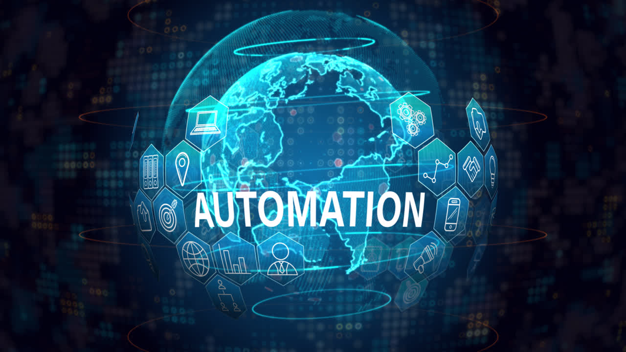 Animation of automation text with icons over globe on black background