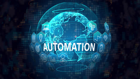 Animation-Des-Automatisierungstextes-Mit-Symbolen-über-Dem-Globus-Auf-Schwarzem-Hintergrund