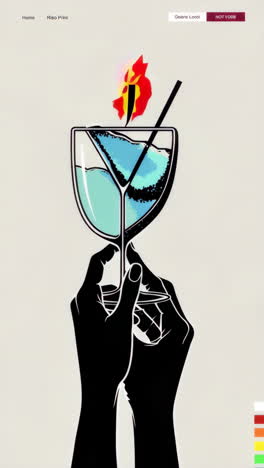 graphic illustration of hands holding a cocktail glass with a stylized flame