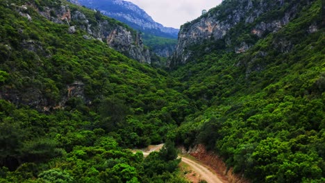 Wild-nature-scenery-of-woody-canyon-among-steep-mountains-at-Datça-peninsula,-Muğla-province,-Turkey