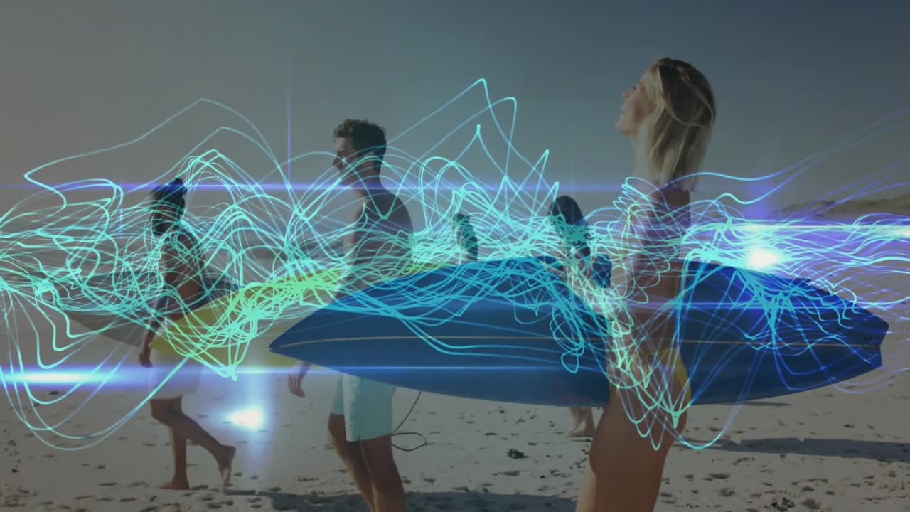 Six surfers walking along sandy beach, technology data waveforms swirling beneath surfboards