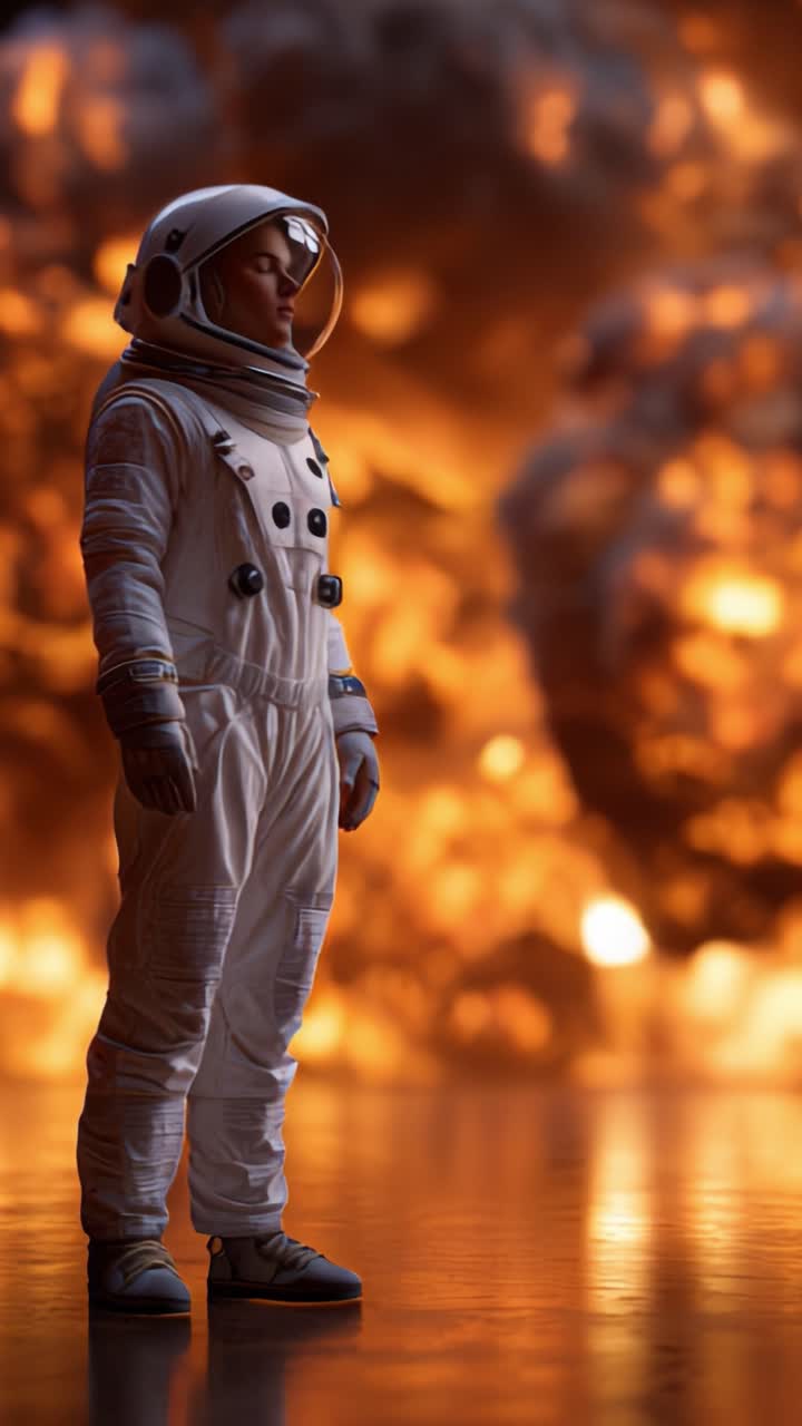 Seorang astronot berdiri tegak di tengah latar belakang kekacauan ledakan yang berapi-api, melambangkan momen ketegangan dramatis dan petualangan yang akan datang dalam latar kosmik