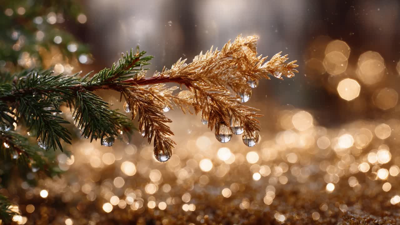 Gocce d'acqua scintillanti su rami di pino dorato catturate in uno sfondo da sogno con luci bokeh luccicanti, creando un'atmosfera magica