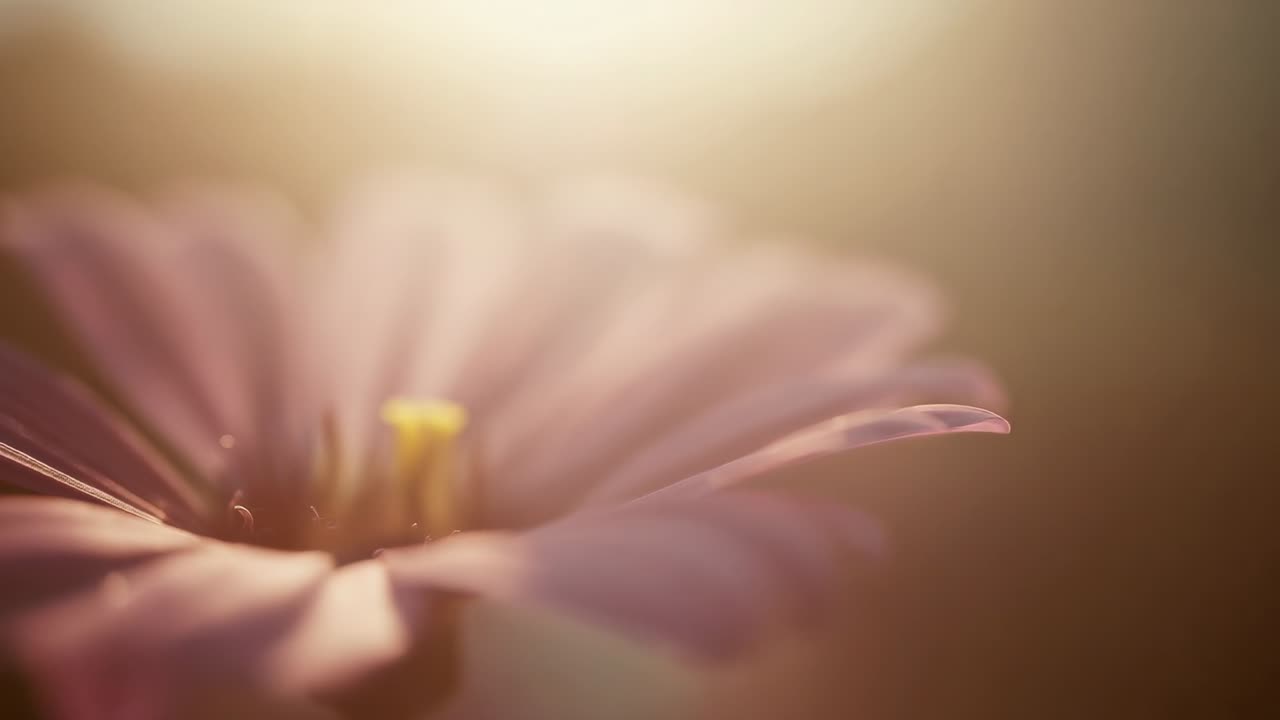 Shifting focus camera revealing pink daisy center at sunrise, droplets glinting, yellow pistil