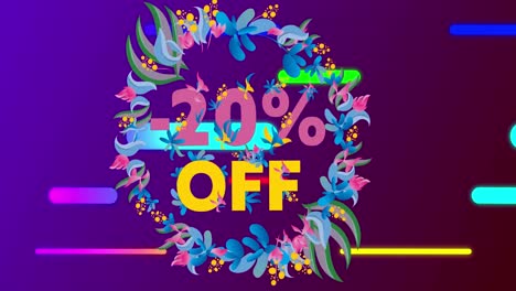 Animation-of-20-percent-off-text-with-floral-pattern-and-glowing-neon-lines-on-purple-background