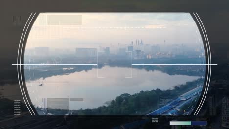 advanced surveillance system monitoring city with smog, motion design