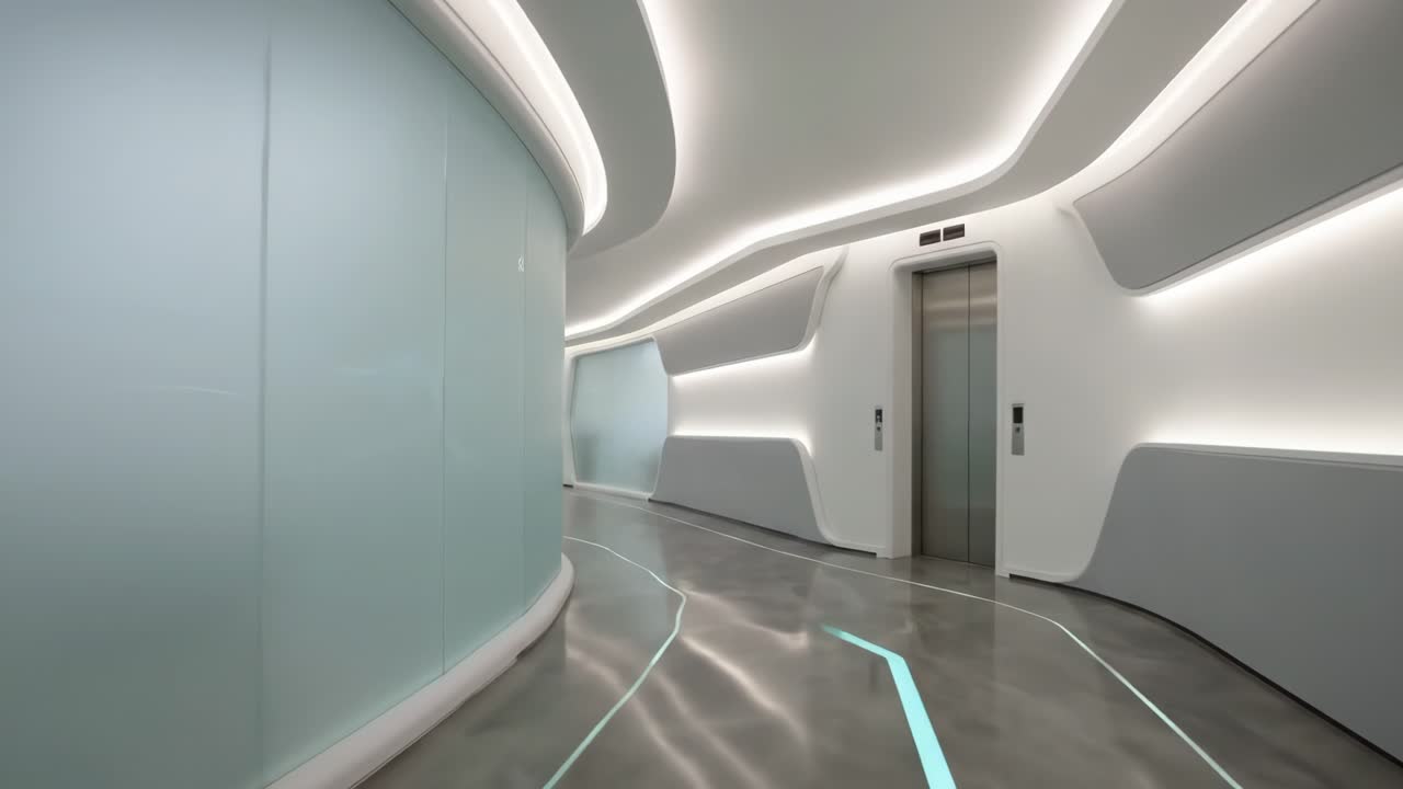 Corridoio moderno e futuristico con luci brillanti e ascensore