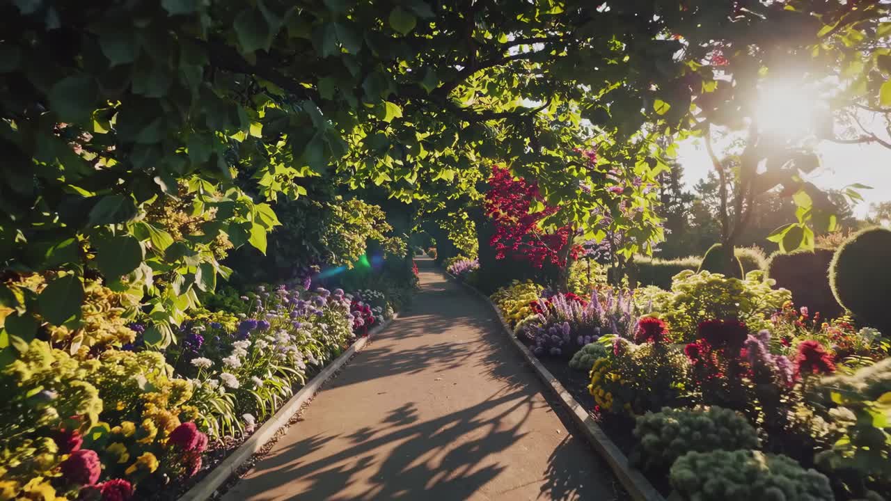 A serene garden path lined with vibrant flowers, captured in a wide-angle shot