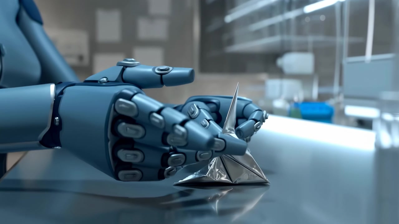 A blue robotic hand gently touches a shiny metal origami bird on a glossy table in a clean laboratory with soft blurred lights in the background