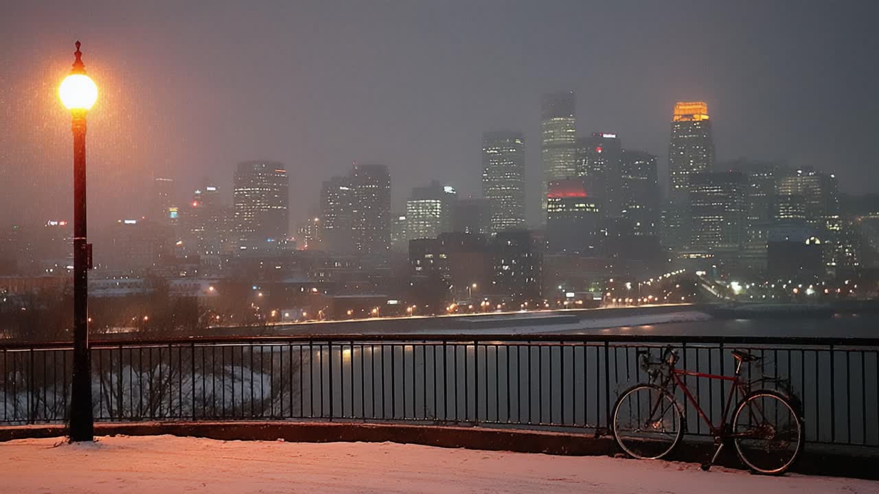 A Quiet Winter Evening: Capturing the Tranquil Beauty of a Snowy Cityscape with a Bicycle Under a Streetlamp as Snow Falls Gently on the Urban Landscape