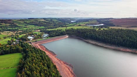 aerial footage panning across the stunning langsett reservoir and yorkshire countryside