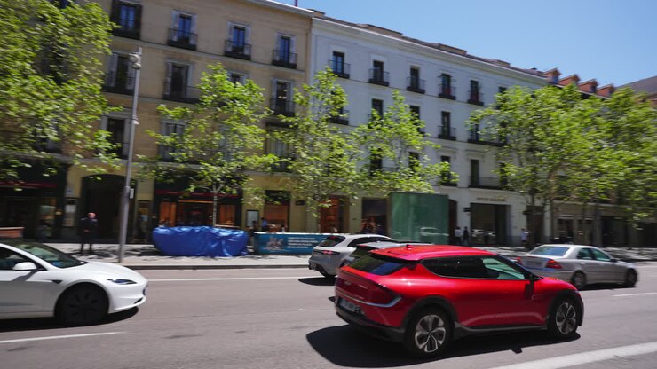 Escena urbana con coches en movimiento y árboles verdes en un día soleado